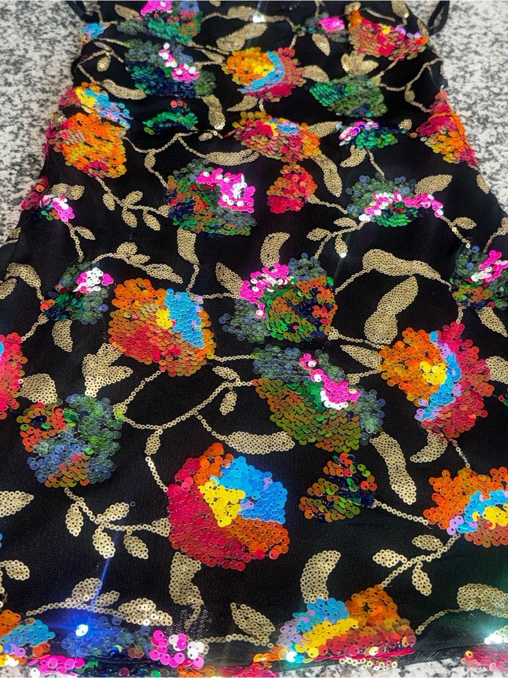 Lucy in the Sky Black Sequin Colorful Floral Skirt Open Back